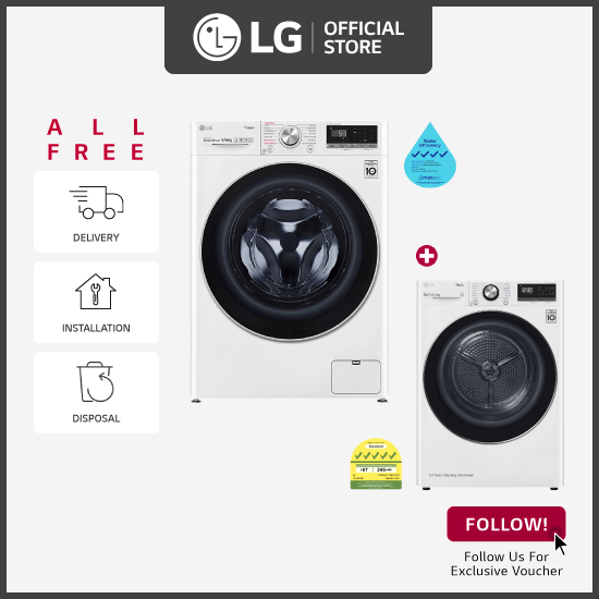 [Bulky] LG FV1409S3W 9KG AI Direct Drive Front Load Washing Machine + LG TD-H90VWD 9KG, Dual Inverter Heat Pump dryer (White)