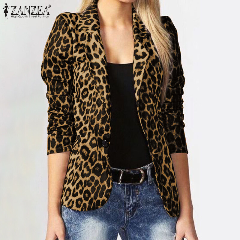 ZANZEA Womens Lapel Long Sleeve Leopard Print Jackets Coat Casual Office Business Blazers