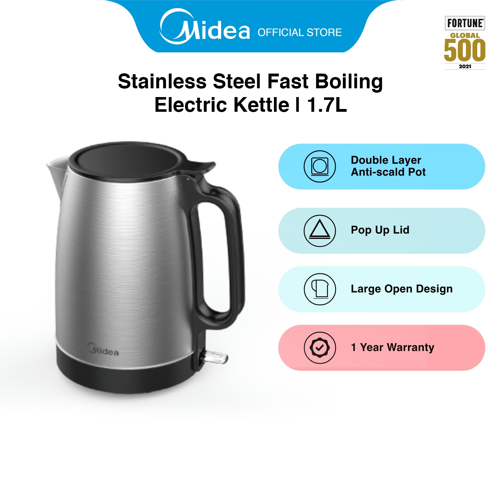 Midea MK-1703M Grey Stainless Steel Fast Boiling Electric Kettle, 1.7L
